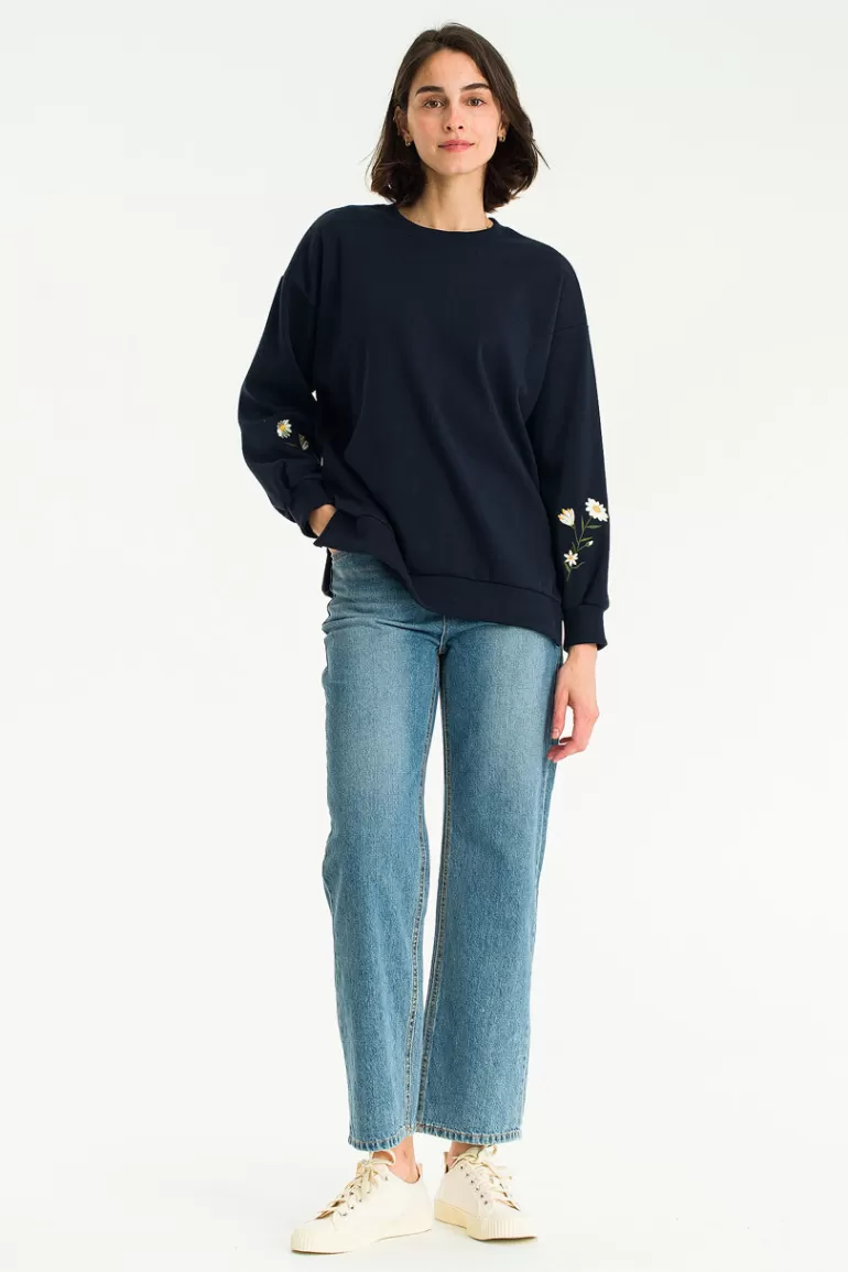 Women Olive Clothing Flower Embroidered Sleeve Sweatshirt, Navy