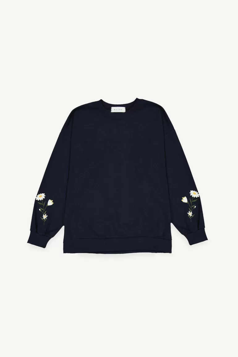 Women Olive Clothing Flower Embroidered Sleeve Sweatshirt, Navy