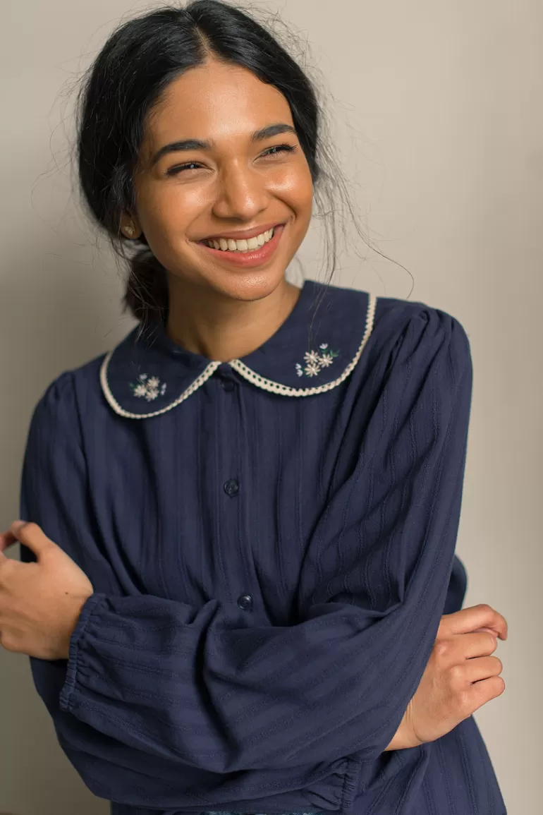 Women Olive Clothing Garden Flower Embroidered Blouse, Navy