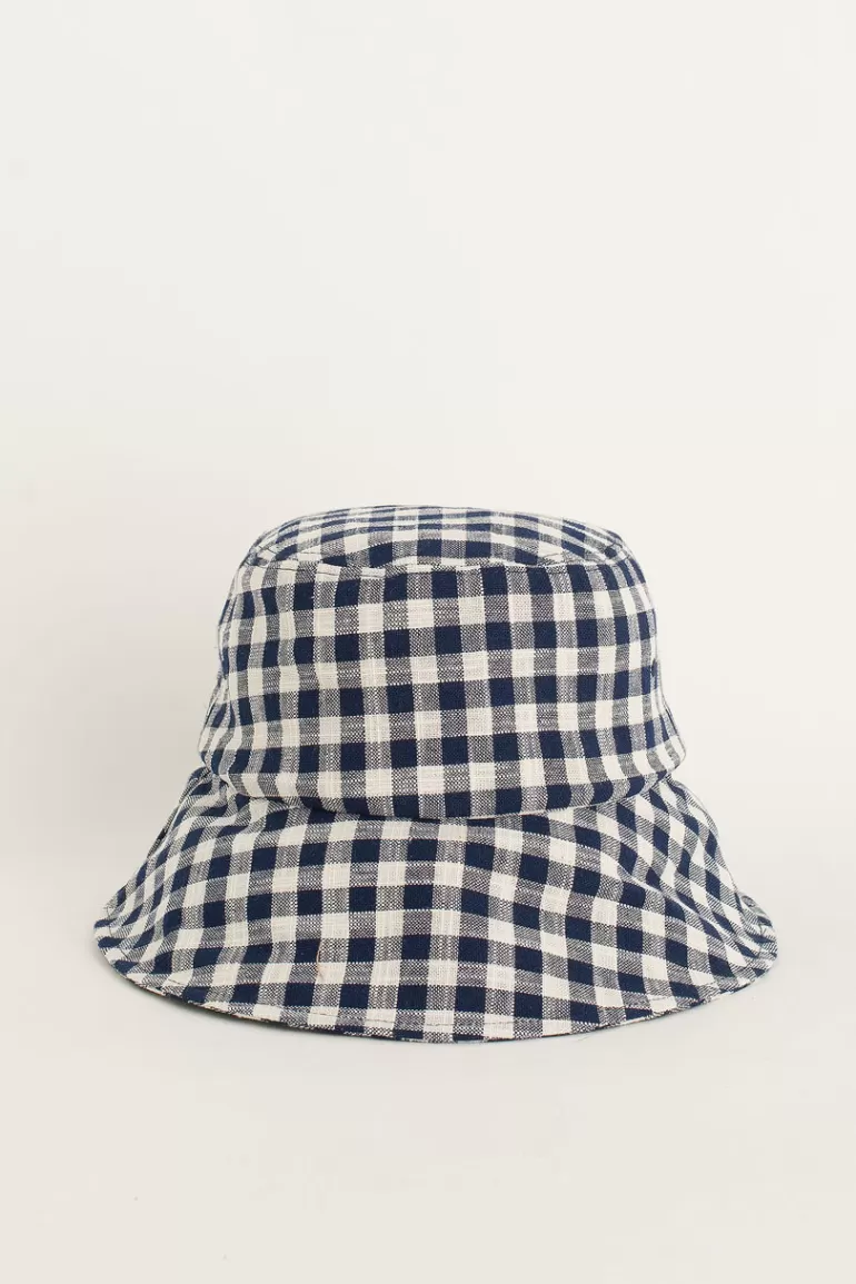 Women Olive Clothing Gingham Check Hat, Navy