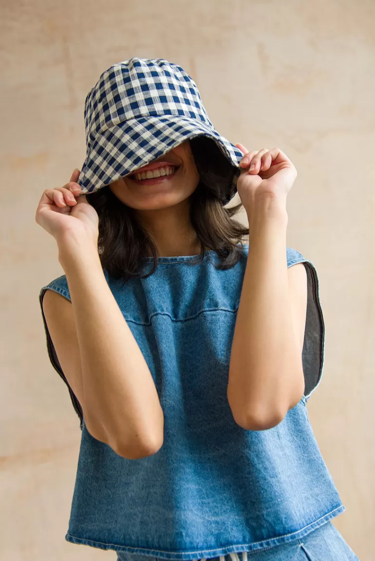 Women Olive Clothing Gingham Check Hat, Navy