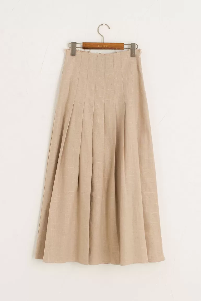 Women Olive Clothing Hako Linen Pleated Skirt, Beige