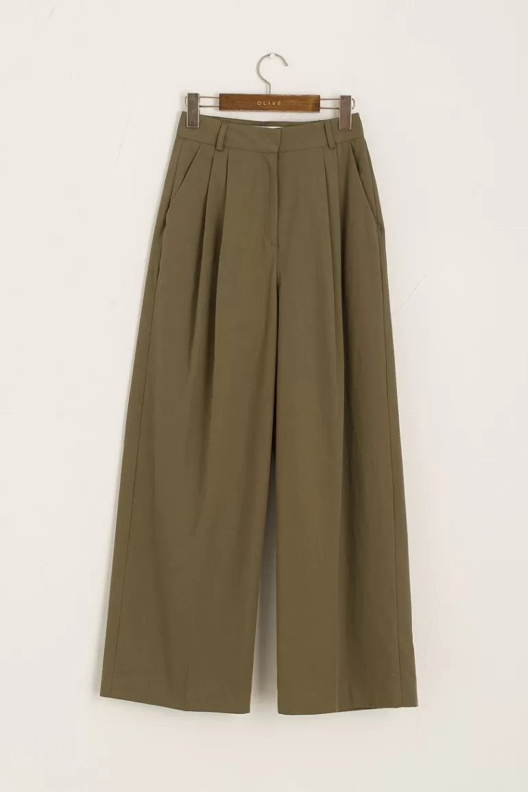 Women Olive Clothing Hako Wide Long Pants, Khaki