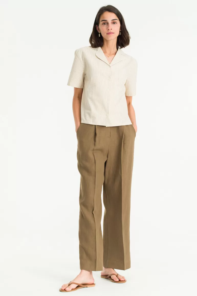 Women Olive Clothing Hanako Linen Slacks, Brown