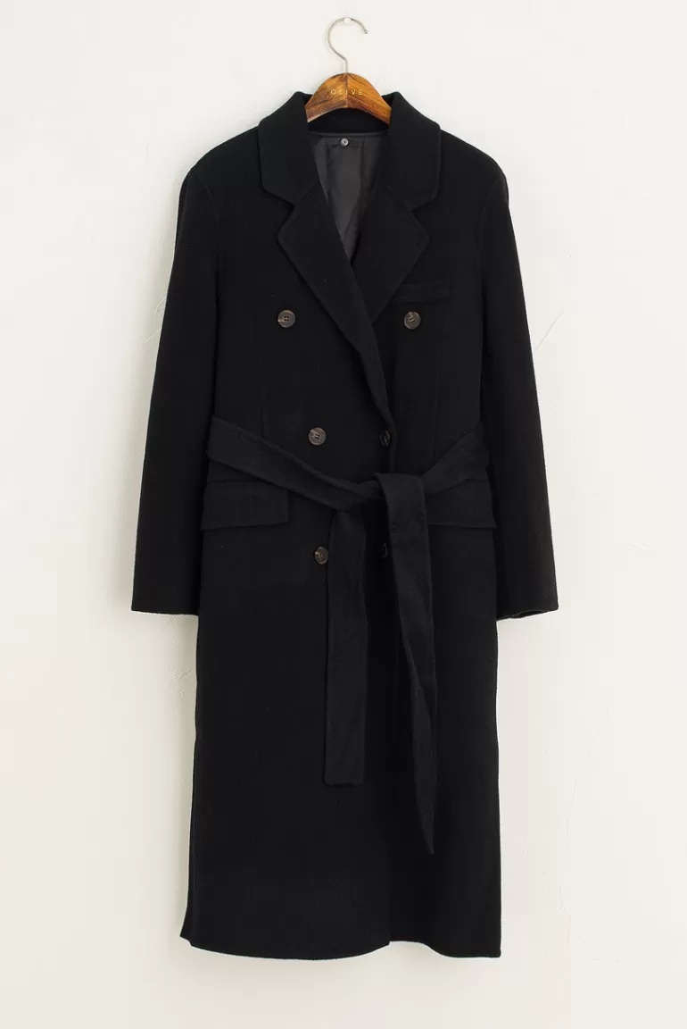 Women Olive Clothing Herringbone Double Button Long Coat, Black