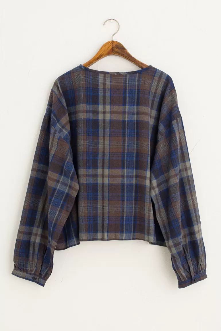 Women Olive Clothing Large Check Over Size Short Shirt, Blue