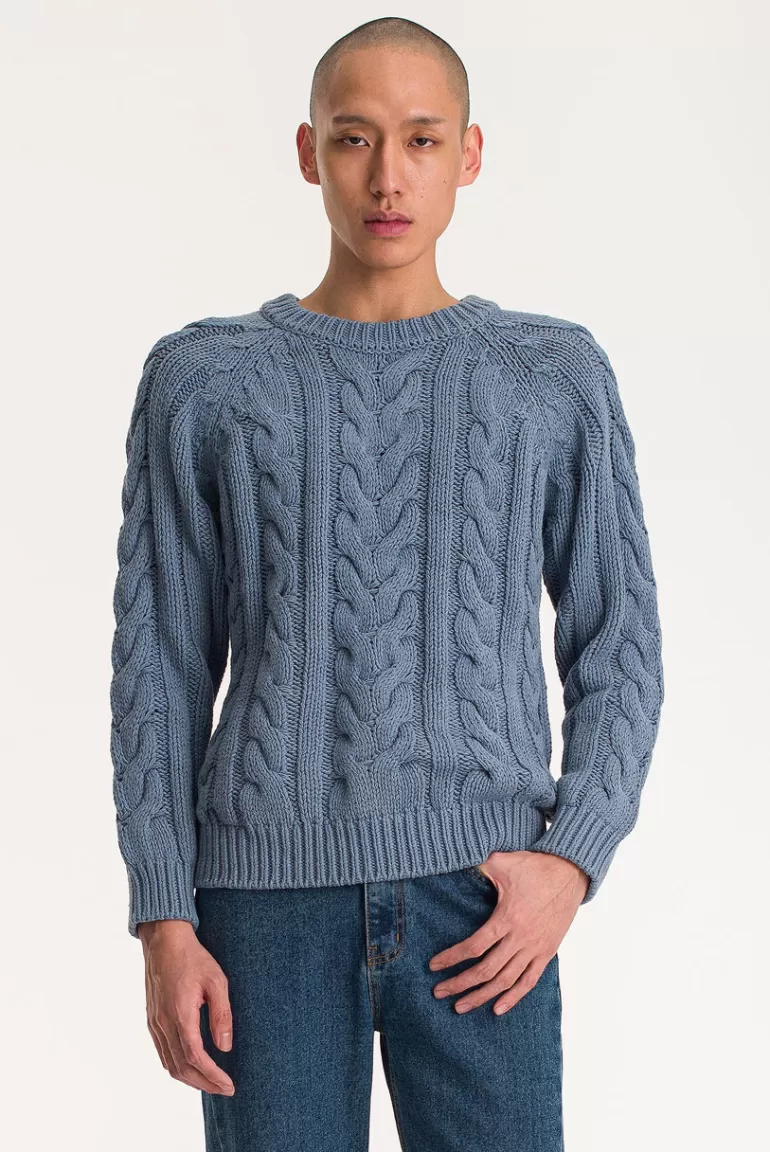 Men Olive Clothing Menswear | Box Cable Jumper, Blue