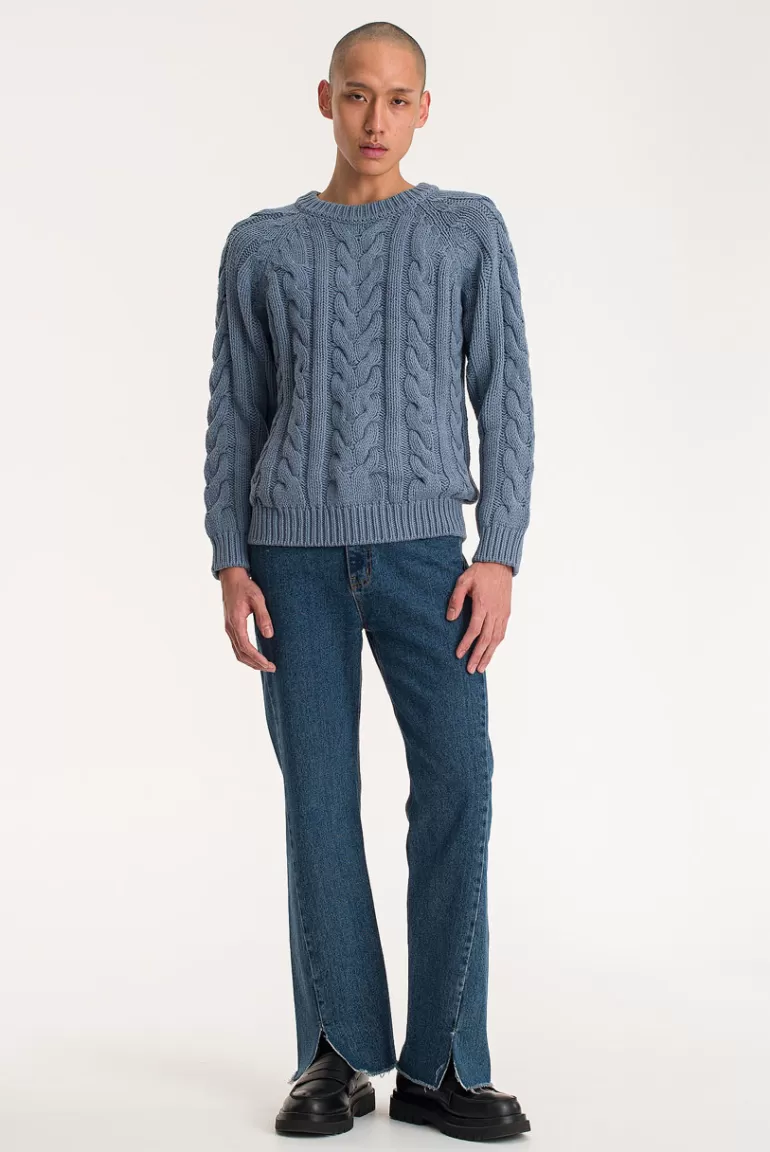 Men Olive Clothing Menswear | Box Cable Jumper, Blue