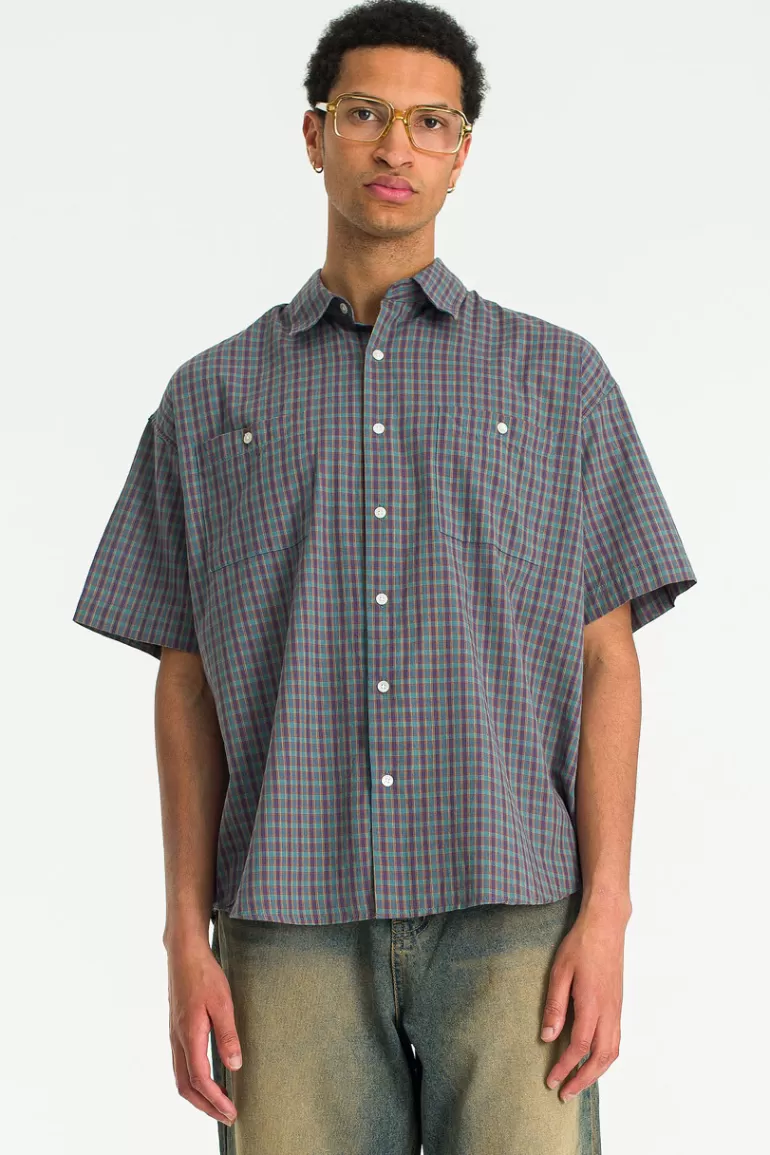 Men Olive Clothing Menswear | Check Short Sleeve Shirt, Blue