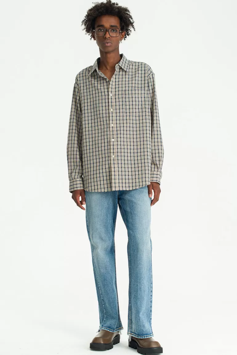 Men Olive Clothing Menswear | Seersucker Check Shirt, Navy