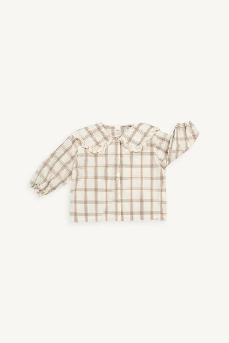 Kids Olive Clothing Mini Olive | Large Frill Collar Blouse, Beige Check