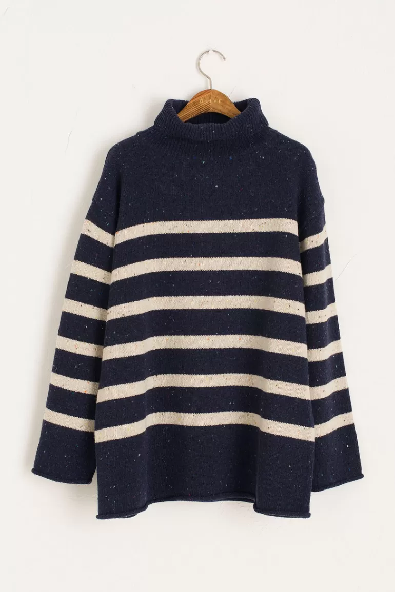 Women Olive Clothing Oversize Stripe Boucle Roll Neck Jumper, Navy/Ivory