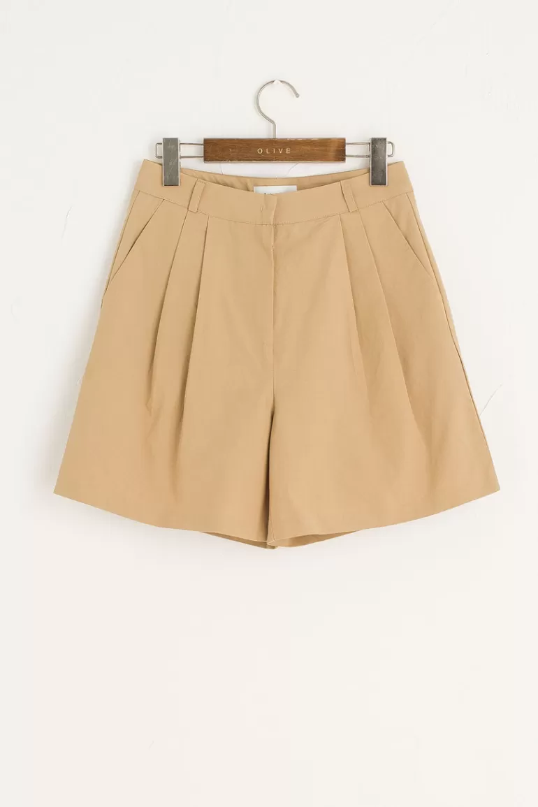 Women Olive Clothing Roa Pintuck Cotton Shorts, Beige