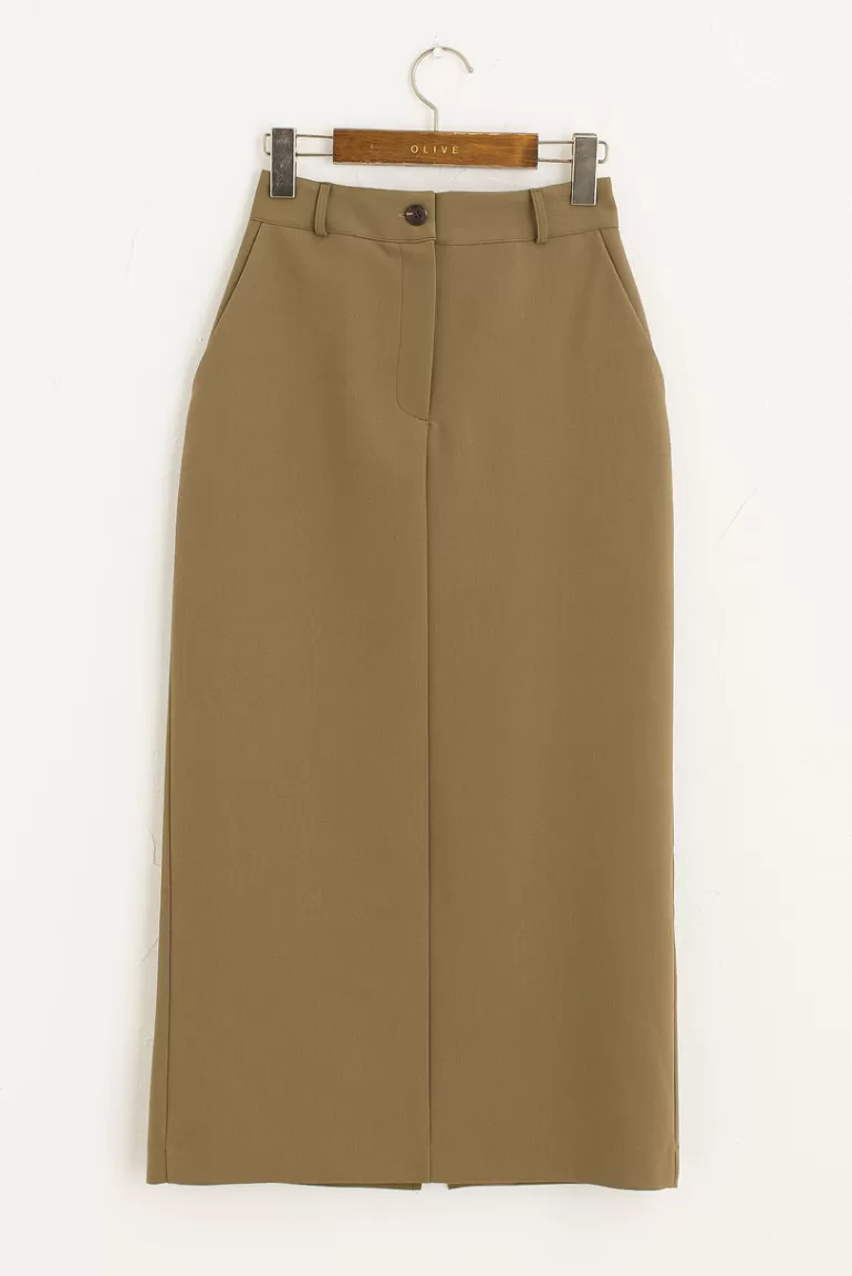 Women Olive Clothing Sana Mid Length Skirt, Khaki