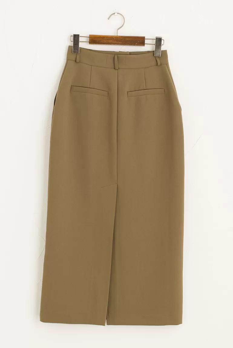 Women Olive Clothing Sana Mid Length Skirt, Khaki