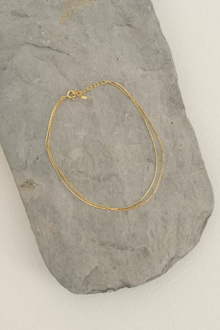 Women Olive Clothing Simple Double Chain Anklet, 14K Gold Plated