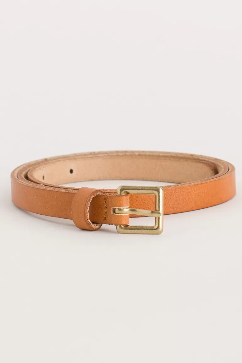 Women Olive Clothing Square Leather Skinny Belt, Camel