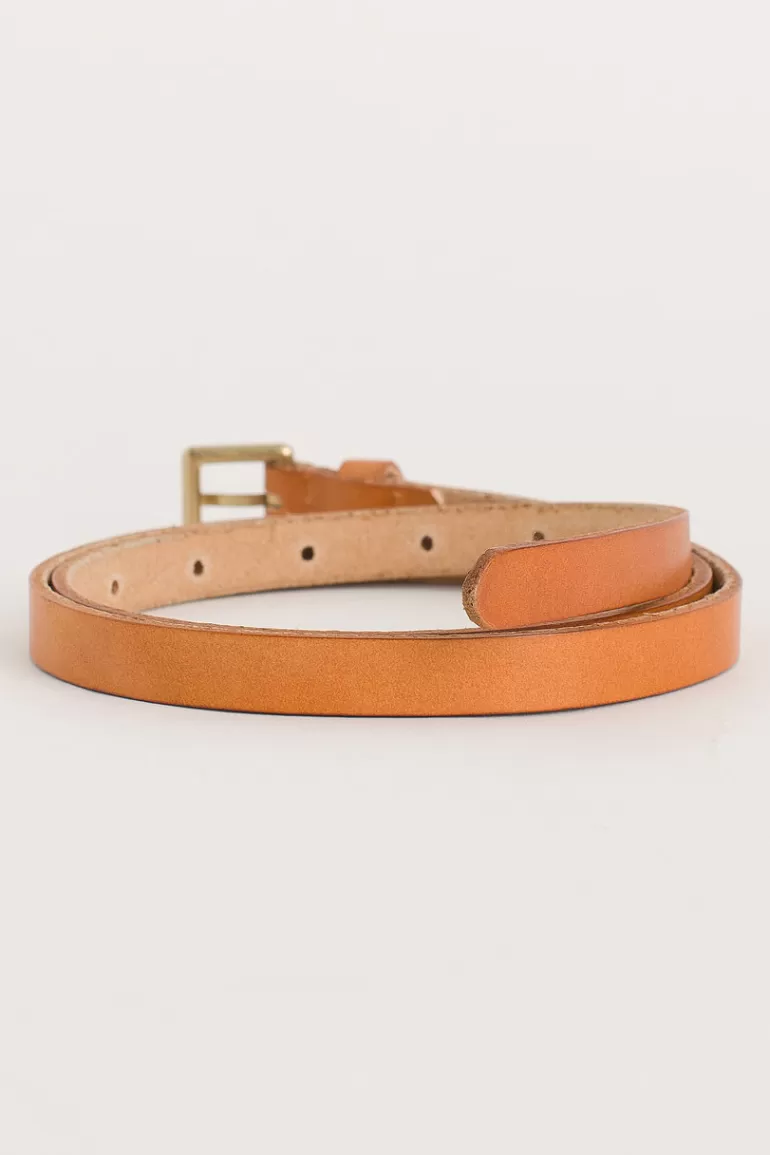 Women Olive Clothing Square Leather Skinny Belt, Camel