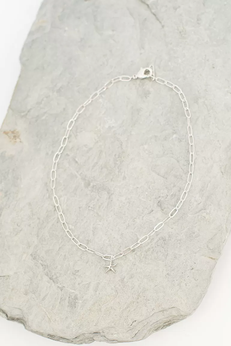 Women Olive Clothing Starfish Drop Anklet, Silver Plated