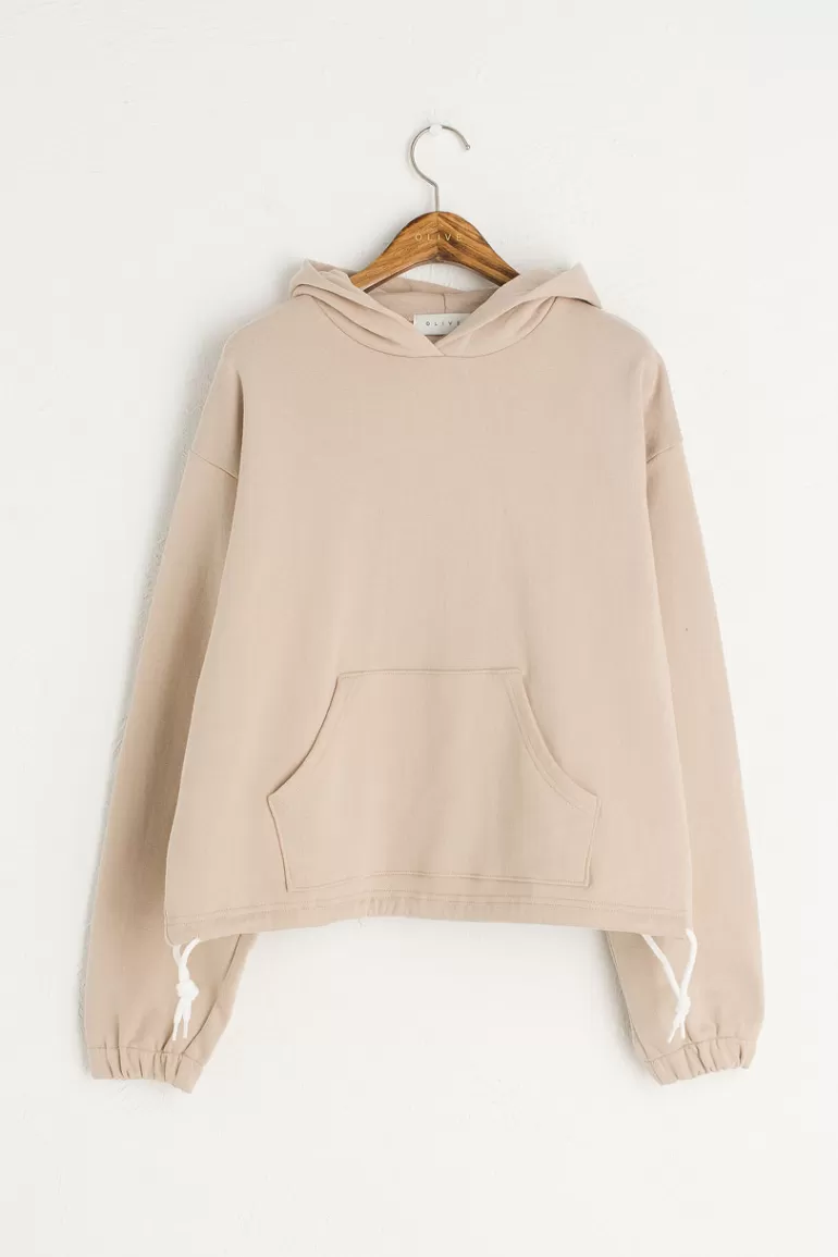 Women Olive Clothing String Hem Hoodie, Beige