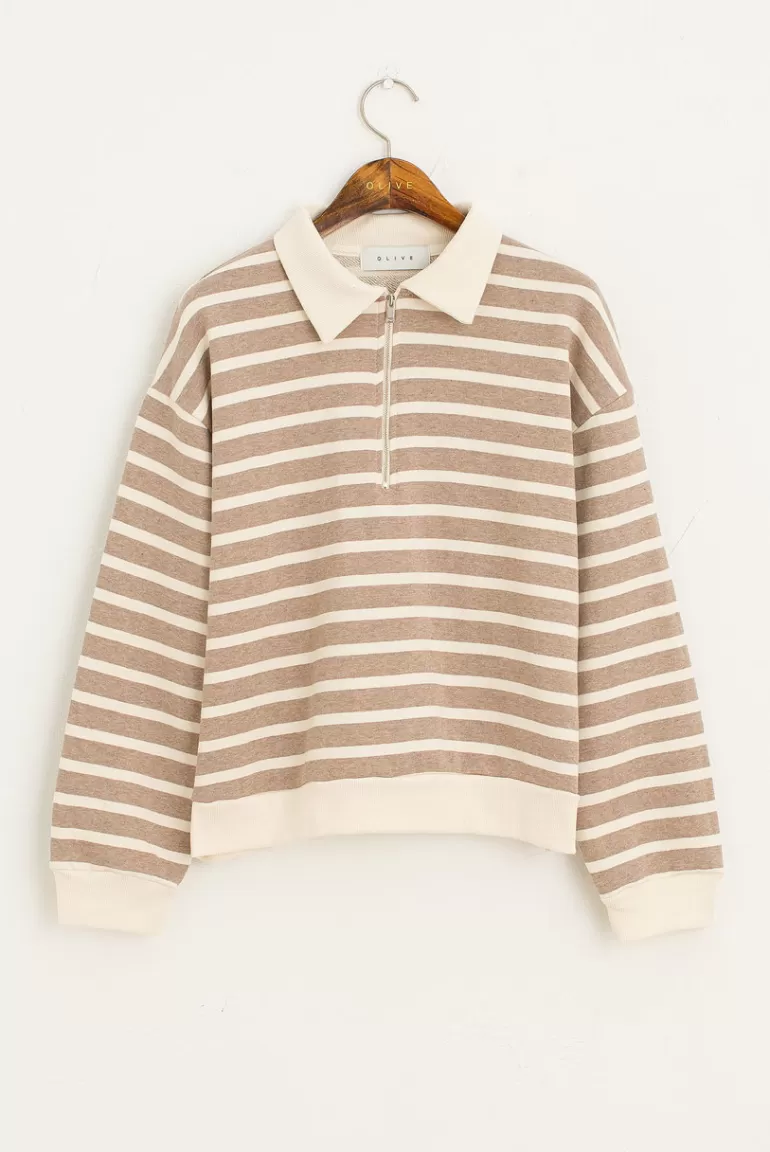 Women Olive Clothing Stripe Zip Up Sweat, Beige