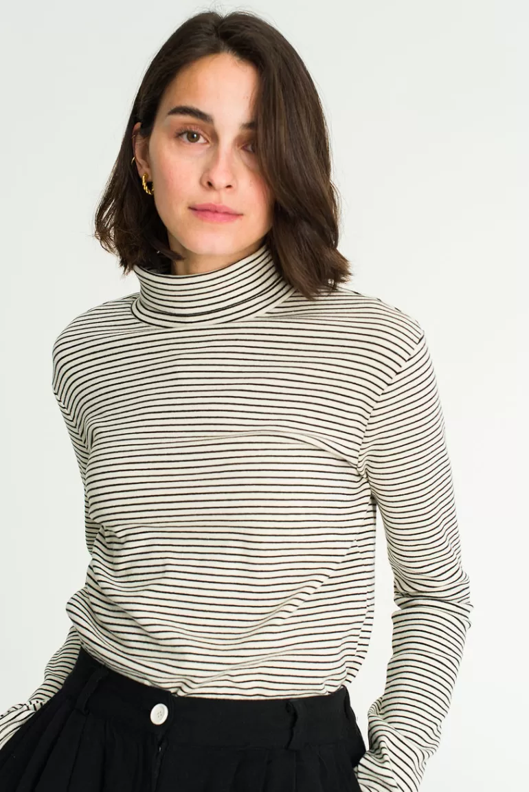 Women Olive Clothing Thin Stripe Roll Neck Tee, White/Black