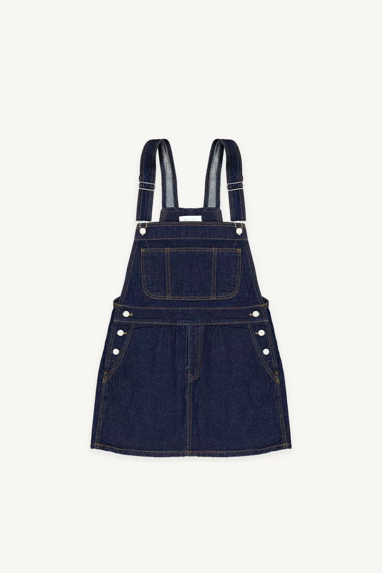 Women Olive Clothing Tomo Mini Denim Apron Dress, Indigo Blue