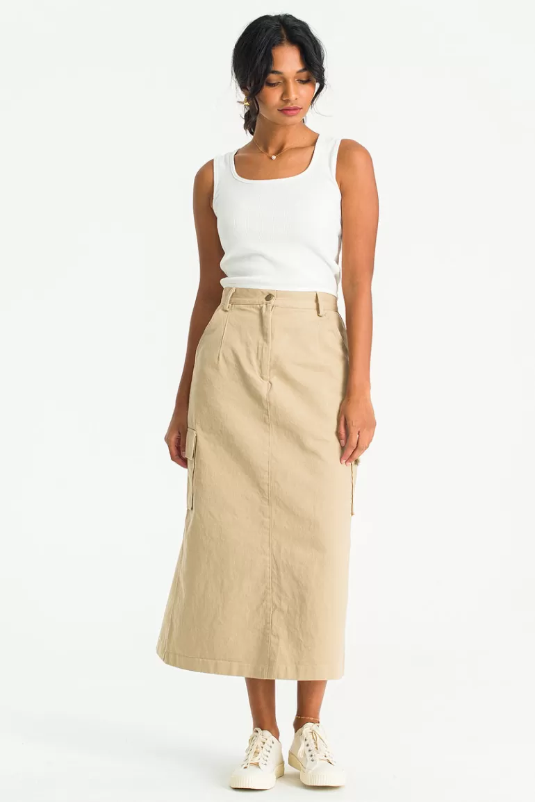 Women Olive Clothing Washed Cotton Cargo Skirt, Beige