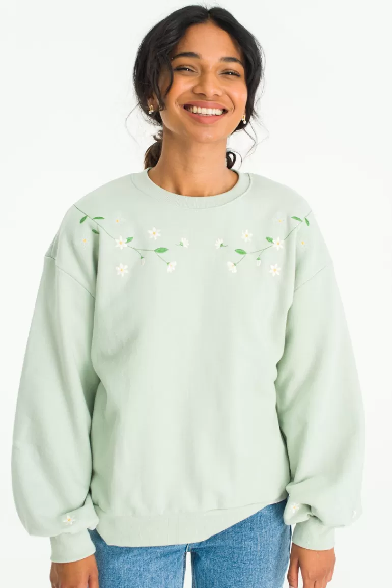 Women Olive Clothing White Lilac Embroidery Sweatshirt, Mint