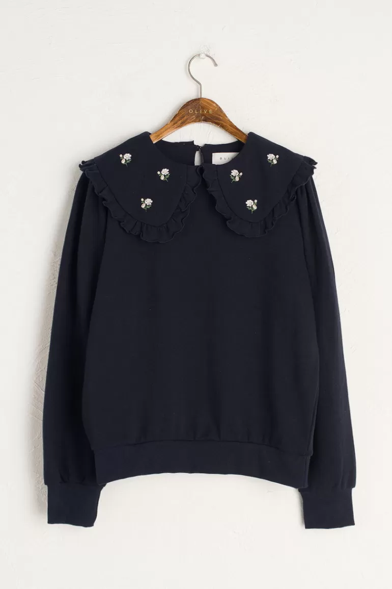 Women Olive Clothing Wild Daisy Embroidered Sweatshirt, Navy